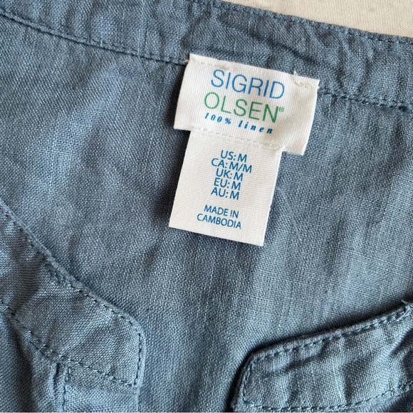 Sigrid Olsen Blue Long Linen Lagenlook Top Button Down Shirt Medium Pockets - Picture 4 of 14